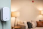 Détecteur de présence radar Shelly Presence Gen4 blanc fixé au mur, alimenté en USB-C, face à un salon avec canapé et lampes allumées