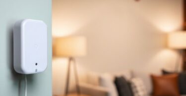Détecteur de présence radar Shelly Presence Gen4 blanc fixé au mur, alimenté en USB-C, face à un salon avec canapé et lampes allumées