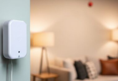 Détecteur de présence radar Shelly Presence Gen4 blanc fixé au mur, alimenté en USB-C, face à un salon avec canapé et lampes allumées