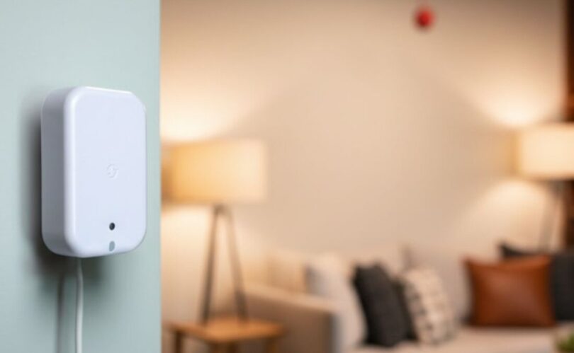 Détecteur de présence radar Shelly Presence Gen4 blanc fixé au mur, alimenté en USB-C, face à un salon avec canapé et lampes allumées