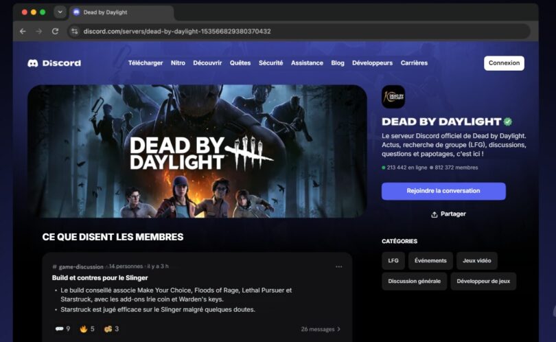 Capture de la future page web publique d'un serveur Discord découvrable, ici Dead by Daylight, avec sa description, son nombre de membres et un résumé automatique des discussions