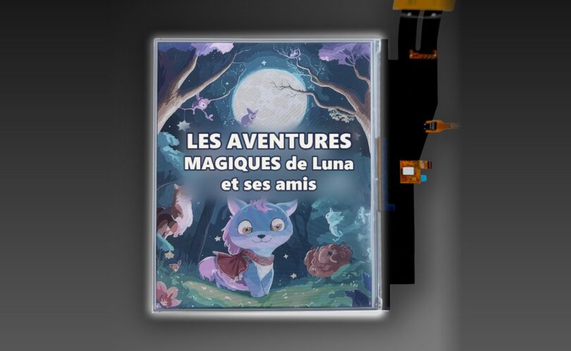Dalle d'encre électronique couleur E Ink Kaleido 4 affichant la couverture d'un livre illustré pour enfants, nouvelle génération d'écran couleur pour liseuses et carnets numériques