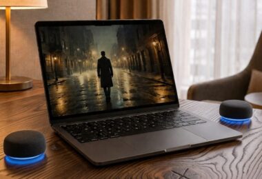Les deux enceintes Bluetooth Marmitek Soundex B200 posées de chaque côté d'un ordinateur portable sur un bureau en bois, avec leur éclairage bleu allumé