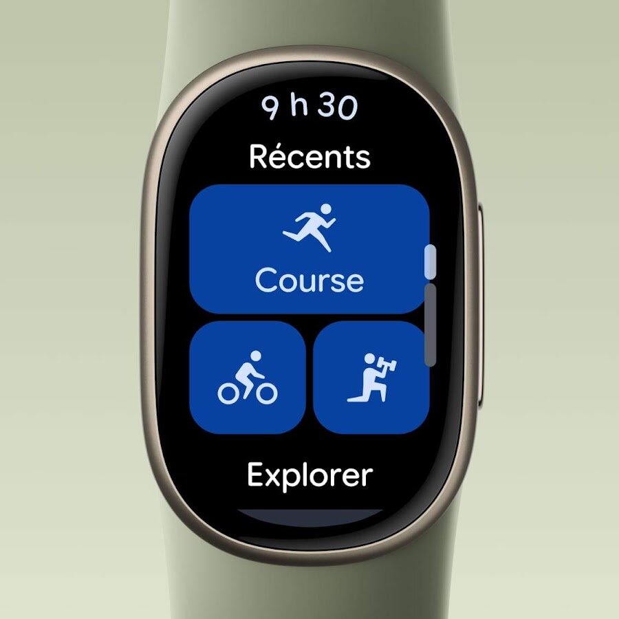 Écran du Fitbit Edge affichant le menu des exercices récents avec course, vélo et marche en français