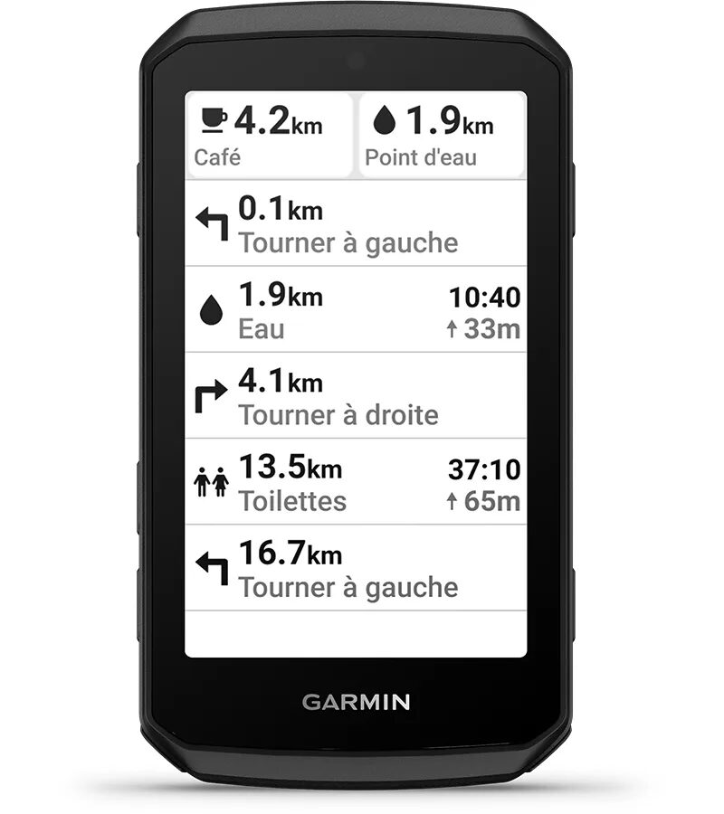 Écran Up Ahead du Garmin Edge 1060 listant le prochain café, point d'eau et toilettes sur le parcours avec distances et dénivelé