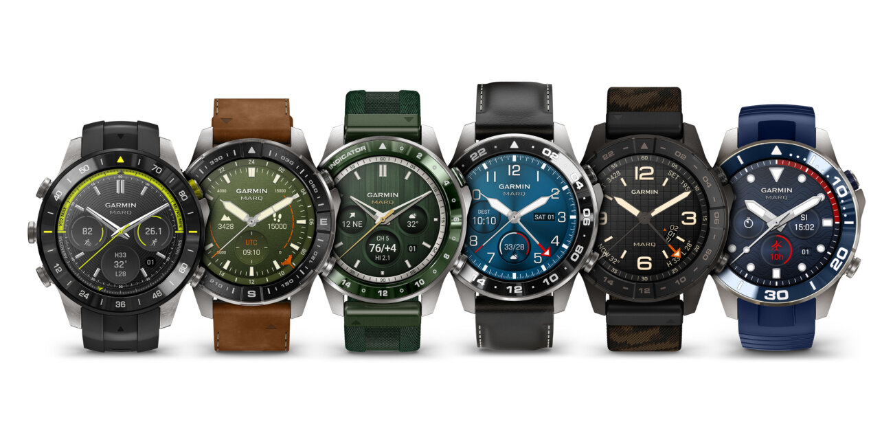 Les six montres Garmin MARQ (Gen 3) alignées, avec leurs lunettes en céramique et leurs bracelets en silicone, cuir, tissu et caoutchouc