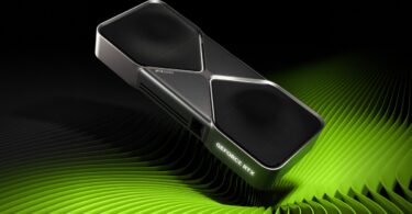 La carte graphique Nvidia GeForce RTX 5090 Founders Edition, équipée de la puce GB202 et de 32 Go de GDDR7, sur un fond noir strié de lignes vertes