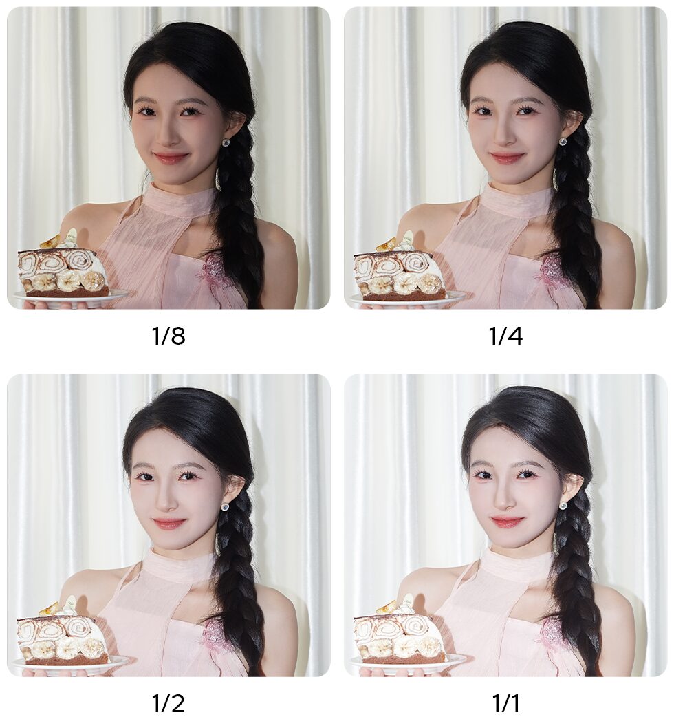 Quatre portraits d'une jeune femme éclairée par le Godox iM10 à 1/8, 1/4, 1/2 et pleine puissance (1/1), montrant l'effet de chaque réglage