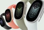 Quatre bracelets Google Fitbit Edge en noir, corail, vert sauge et blanc, avec leur écran AMOLED allongé affichant un cadran graphique