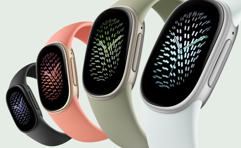 Quatre bracelets Google Fitbit Edge en noir, corail, vert sauge et blanc, avec leur écran AMOLED allongé affichant un cadran graphique
