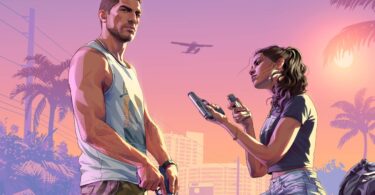Artwork officiel de Grand Theft Auto VI montrant Jason et Lucia devant une voiture rouge à Vice City, visuel de la bande-annonce de lancement du 15 octobre 2026