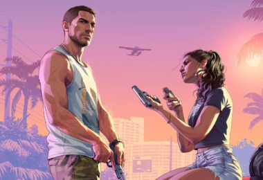 Artwork officiel de Grand Theft Auto VI montrant Jason et Lucia devant une voiture rouge à Vice City, visuel de la bande-annonce de lancement du 15 octobre 2026