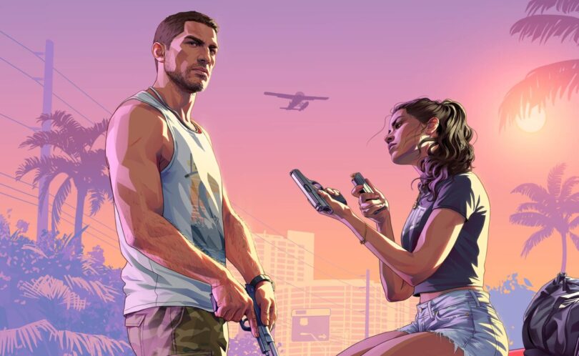 Artwork officiel de Grand Theft Auto VI montrant Jason et Lucia devant une voiture rouge à Vice City, visuel de la bande-annonce de lancement du 15 octobre 2026