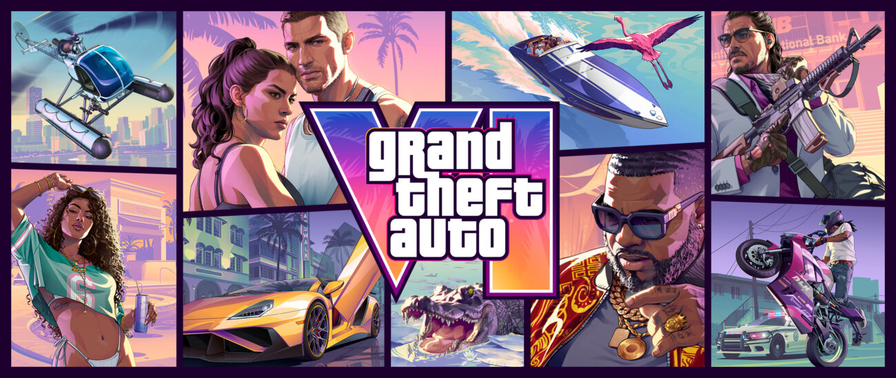Affiche officielle de Grand Theft Auto VI réunissant Jason, Lucia et plusieurs personnages de Vice City autour du logo du jeu