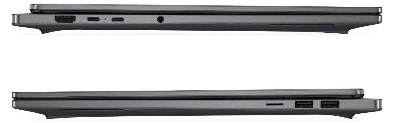 Les deux tranches du HP OmniBook Ultra 16 avec la sortie HDMI, les deux ports USB-C, la prise casque, le lecteur microSD et les deux ports USB-A