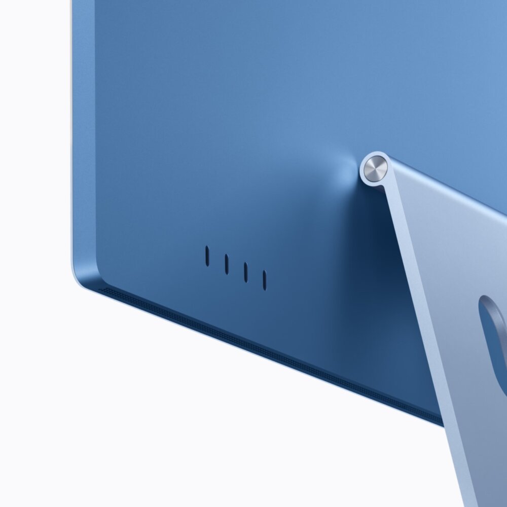 Dos d'un iMac M6 bleu avec son pied incliné et une rangée de quatre ports Thunderbolt 4