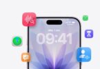 Un iPhone sous iOS 27 affichant son écran verrouillé en français, entouré d'icônes d'applications Apple