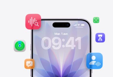 Un iPhone sous iOS 27 affichant son écran verrouillé en français, entouré d'icônes d'applications Apple