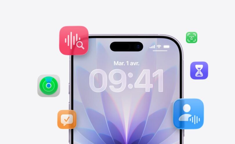 Un iPhone sous iOS 27 affichant son écran verrouillé en français, entouré d'icônes d'applications Apple