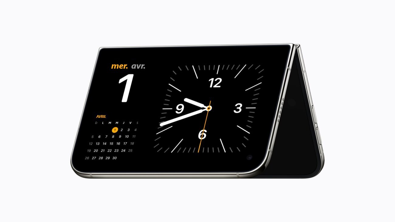 iPhone Duo plié en forme de tente affichant le mode veille avec horloge et calendrier