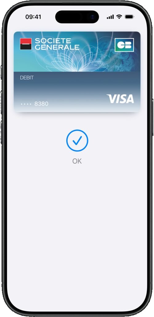 Écran d'iPhone affichant une carte bancaire Visa et une coche de validation après un paiement sans contact par la puce NFC