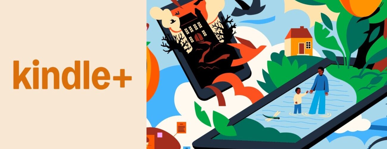 Visuel officiel de Kindle+, le nouvel abonnement de lecture qui remplace Kindle Unlimited avec des livres numériques et des livres audio, illustration d'une liseuse