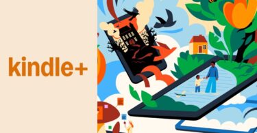 Visuel officiel de Kindle+, le nouvel abonnement de lecture qui remplace Kindle Unlimited avec des livres numériques et des livres audio, illustration d'une liseuse