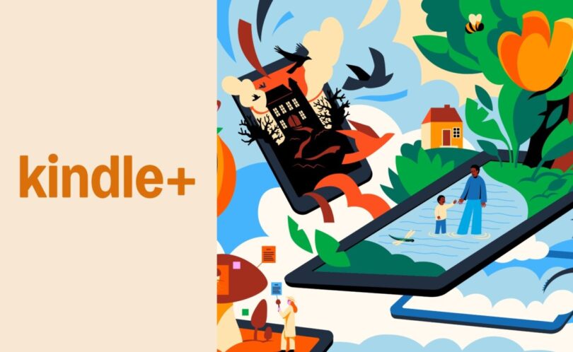 Visuel officiel de Kindle+, le nouvel abonnement de lecture qui remplace Kindle Unlimited avec des livres numériques et des livres audio, illustration d'une liseuse