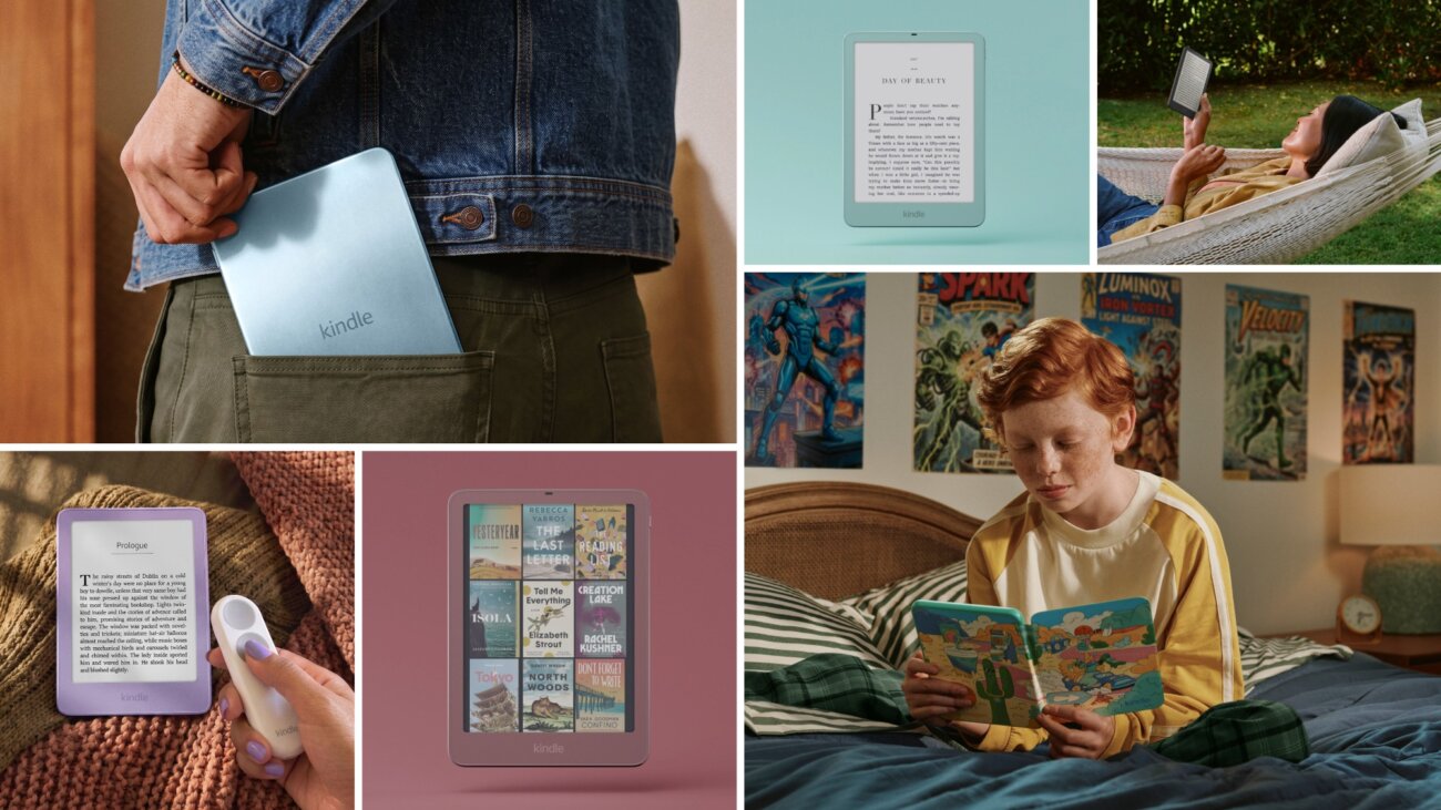 Collage officiel de liseuses Kindle en situation : liseuse glissée dans une poche, lecture dans un hamac, liseuse lue par un enfant et couvertures de livres à l'écran