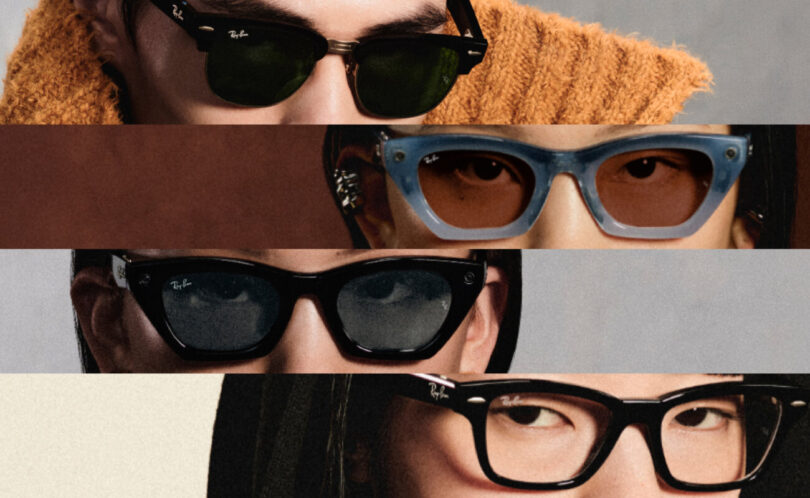 Montage de quatre visages portant des lunettes connectées Ray-Ban Meta de différentes formes, solaires et optiques, issu du visuel officiel de Meta pour sa gamme 2026