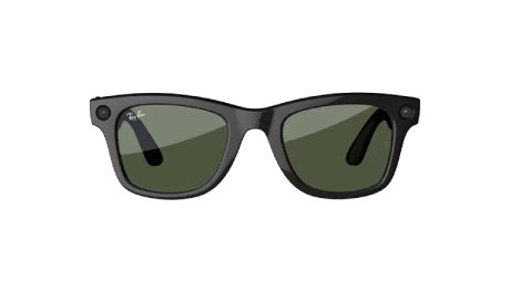 Lunettes connectées Ray-Ban Meta Wayfarer noires vues de face sur fond blanc, avec la caméra et le voyant visibles aux coins de la monture