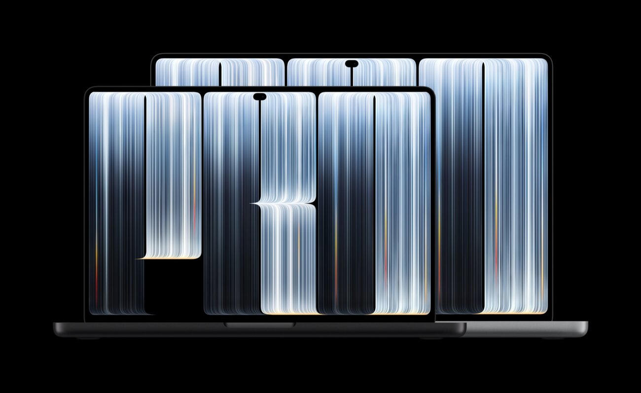 Les deux tailles du MacBook Pro PROLED XDR, 14 et 16 pouces, écrans OLED allumés avec la Dynamic Island en haut de la dalle