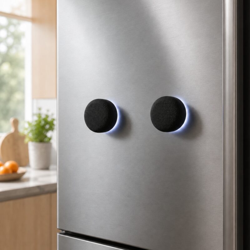 Les deux enceintes Marmitek Soundex B200 collées par leurs aimants sur la porte en inox d'un réfrigérateur dans une cuisine