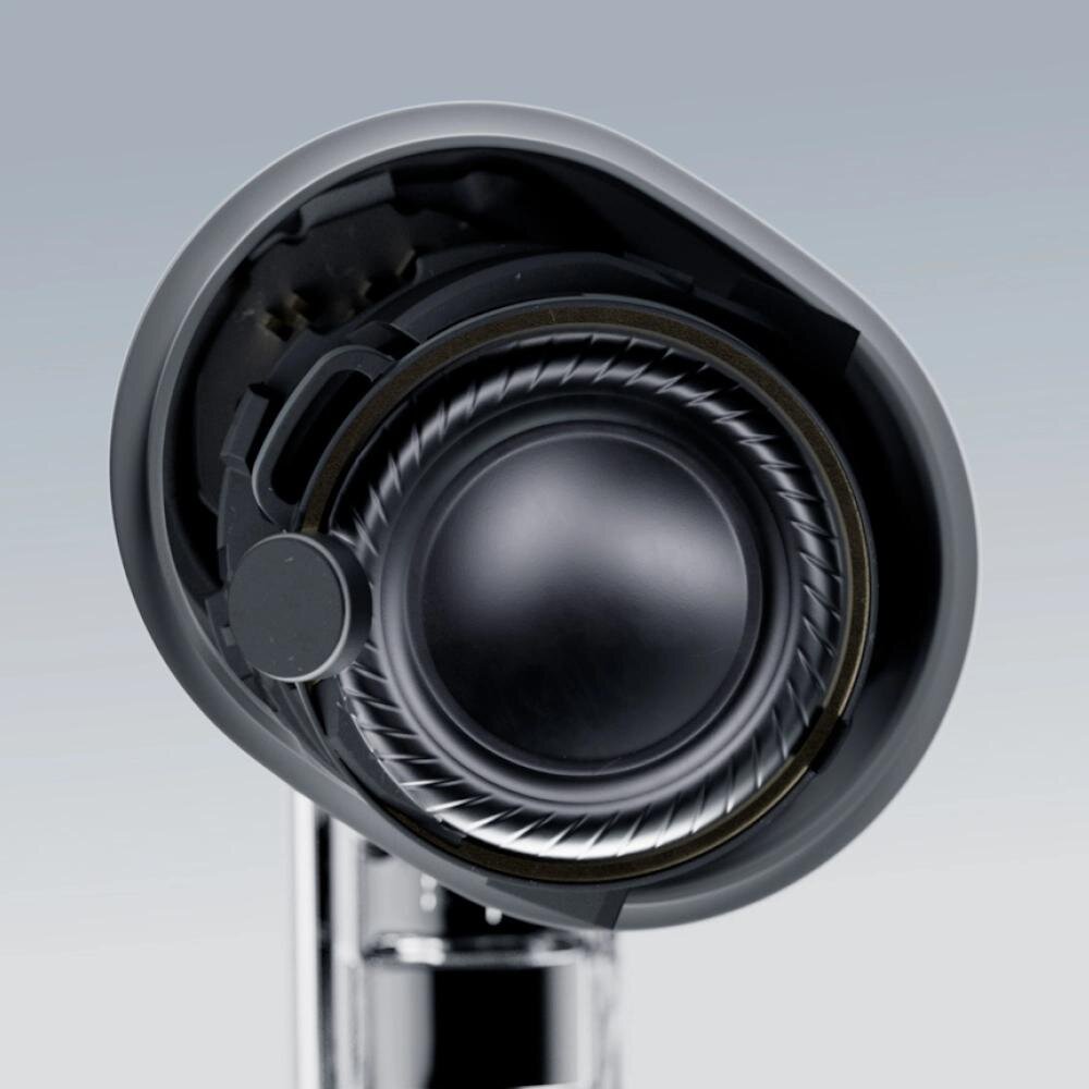 Vue en coupe officielle d'un écouteur Nothing Ear (3) montrant le haut-parleur dynamique logé dans la coque et le départ de la tige transparente
