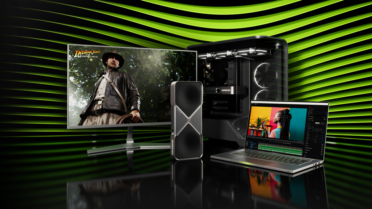 Visuel officiel de la gamme Nvidia GeForce RTX 50 Blackwell : une carte graphique Founders Edition, un PC de bureau, un écran de jeu et un ordinateur portable