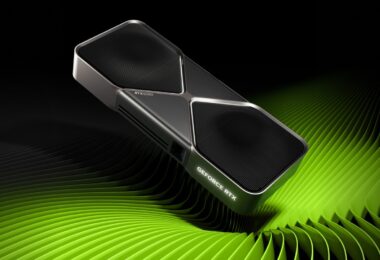 La carte graphique Nvidia GeForce RTX 5090 Founders Edition et ses deux ventilateurs, sur un fond noir strié de vert