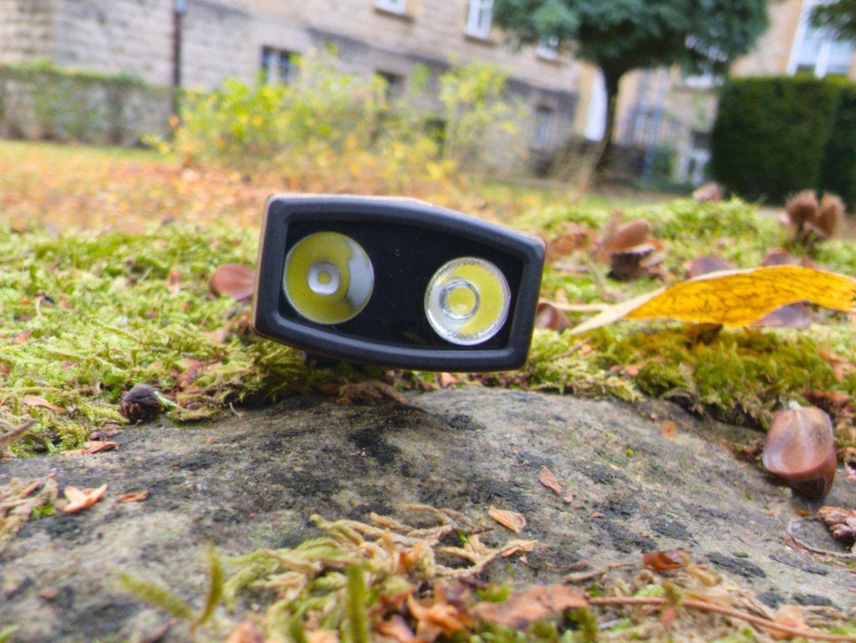 Tête de l'Olight ArkPro vue de face : réflecteur Pure Flood et optique spot sur un rocher