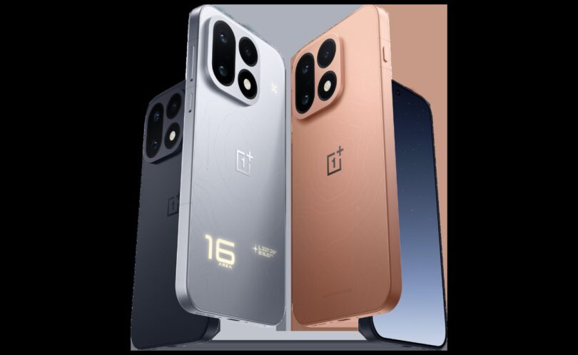 Trois OnePlus 16 en noir, argent et cuivre vus de dos, avec leur module photo à trois capteurs et le chiffre 16 sur la version argent