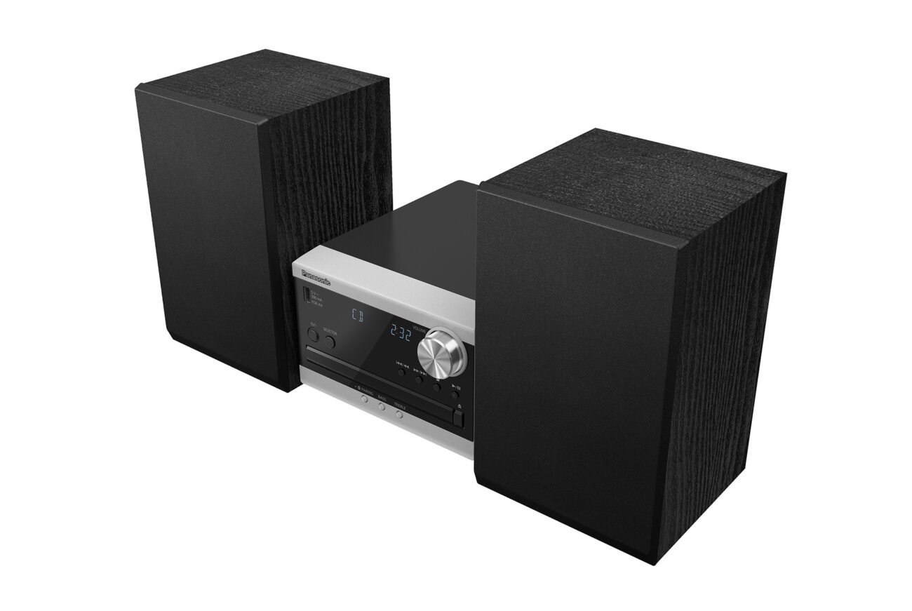 La micro-chaîne Panasonic SC-PM272 vue de trois quarts, avec son unité centrale à lecteur CD et molette de volume entre deux enceintes noires