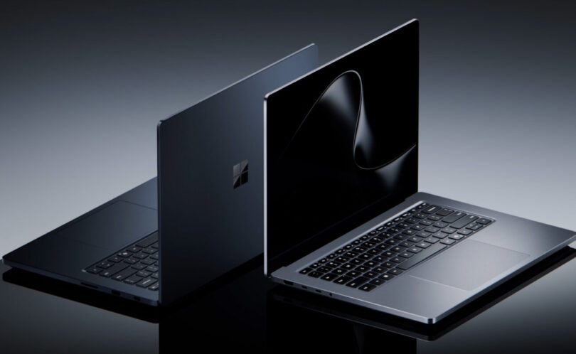 Deux Microsoft Surface Laptop Ultra noirs, l'un ouvert et l'autre entrouvert, premiers PC portables Windows équipés de la puce Nvidia RTX Spark