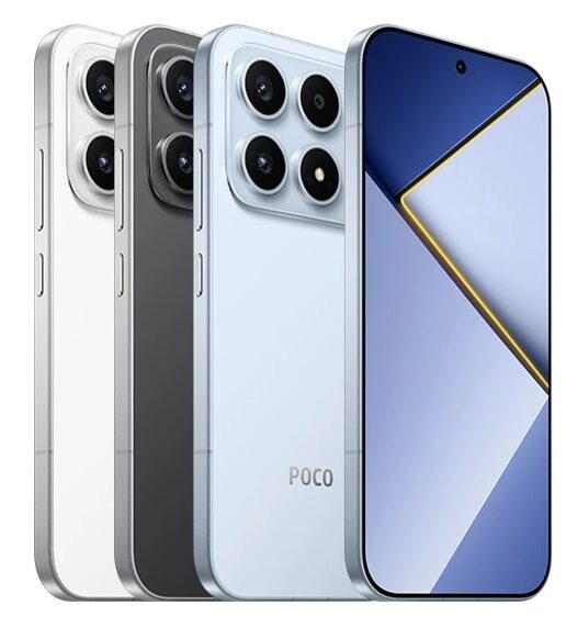 Les trois coloris du Poco X8s alignés, blanc, noir et bleu, avec la face avant et son écran OLED de 6,35 pouces à poinçon central