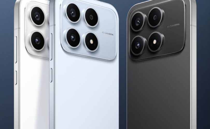 Le smartphone compact Poco X8s de Xiaomi vu de dos dans ses trois coloris blanc, bleu et noir, avec son module photo carré à quatre ouvertures et son logo POCO