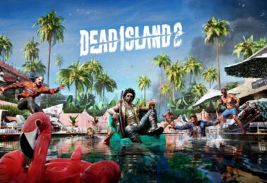 Illustration officielle de Dead Island 2 avec des survivants armés au bord d'une piscine de Los Angeles envahie de zombies, jeu PS Plus Essential de novembre 2026