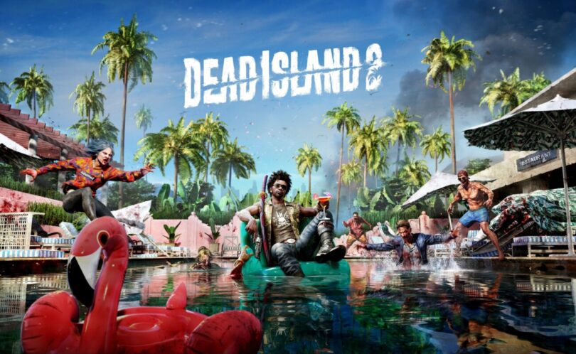 Illustration officielle de Dead Island 2 avec des survivants armés au bord d'une piscine de Los Angeles envahie de zombies, jeu PS Plus Essential de novembre 2026