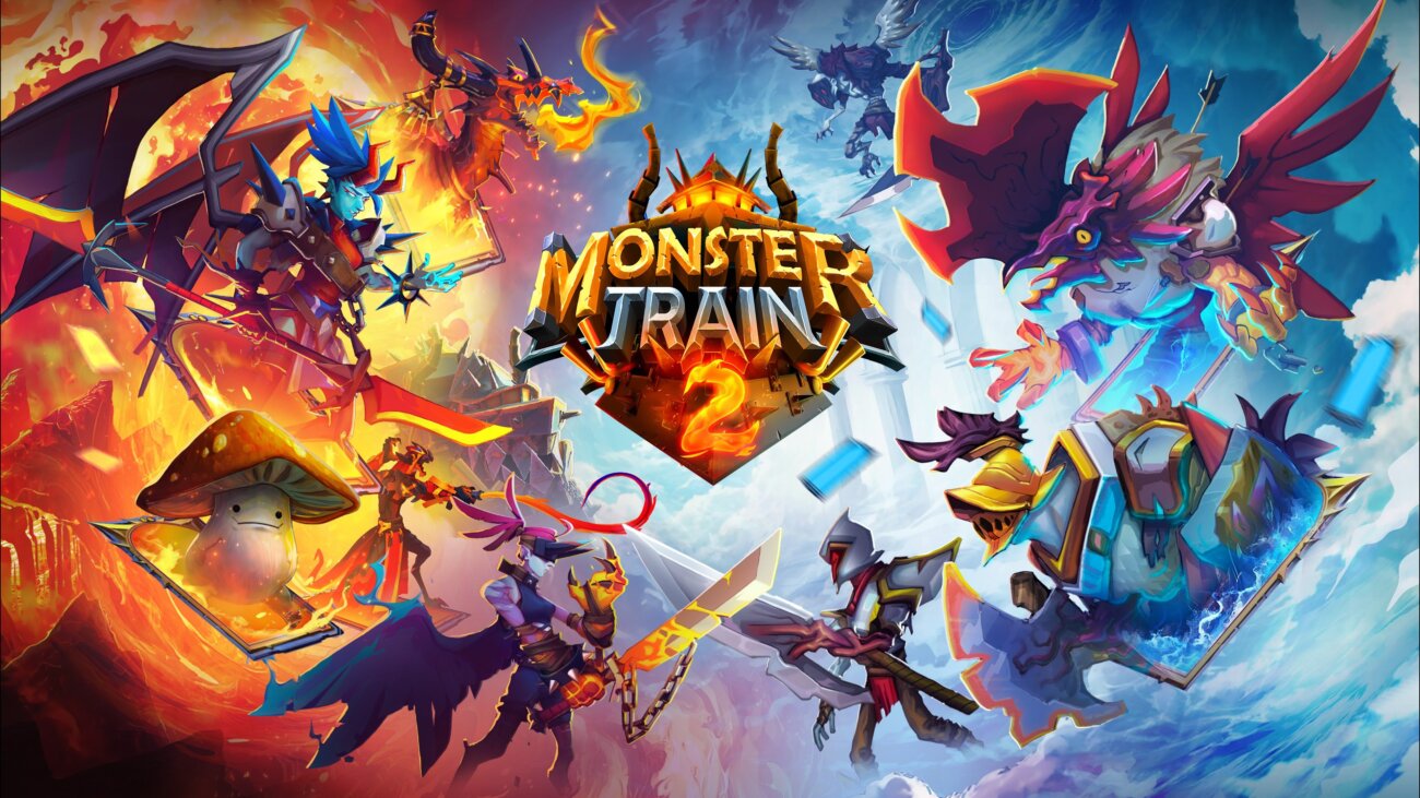 Illustration officielle colorée de Monster Train 2 avec ses créatures et son train infernal, jeu offert aux abonnés PS Plus en novembre 2026