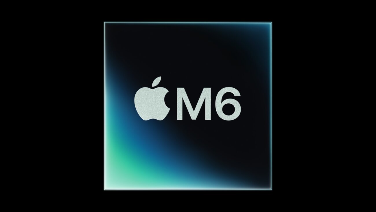 Illustration officielle de la puce Apple M6, un carré noir aux reflets bleu turquoise portant le logo Apple et l'inscription M6