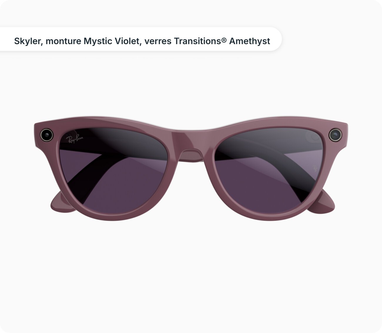 Lunettes Ray-Ban Meta Skyler violettes vues de face, avec la caméra intégrée d'un côté de la monture et le voyant LED de l'autre