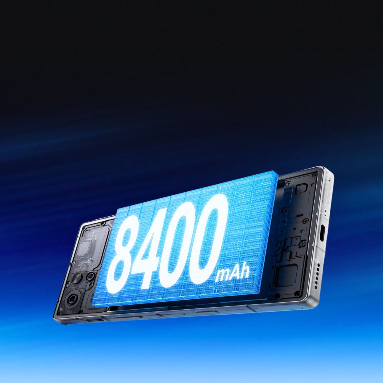 Visuel officiel de la batterie de 8 400 mAh du RedMagic 12 Pro, présentée en éclaté au-dessus du châssis du smartphone