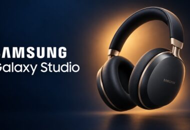 Visuel d'illustration non officiel d'un casque circum-auriculaire noir et doré Samsung Galaxy Studio, futur rival des AirPods Max, le design définitif n'étant pas encore dévoilé par Samsung