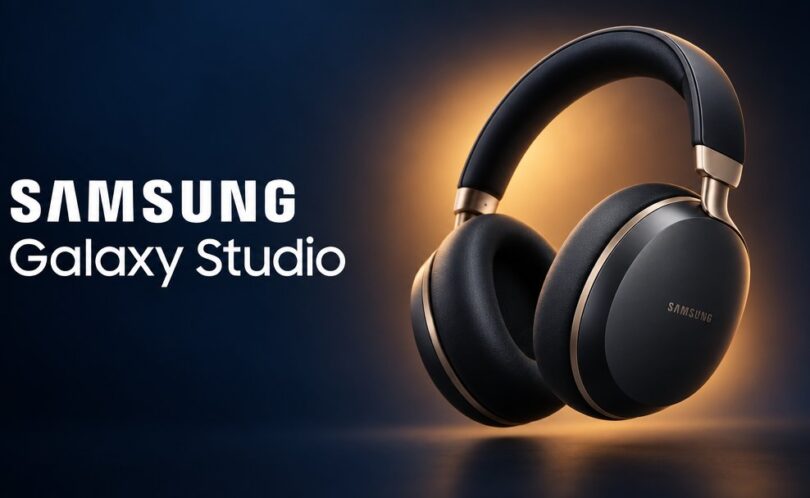 Visuel d'illustration non officiel d'un casque circum-auriculaire noir et doré Samsung Galaxy Studio, futur rival des AirPods Max, le design définitif n'étant pas encore dévoilé par Samsung